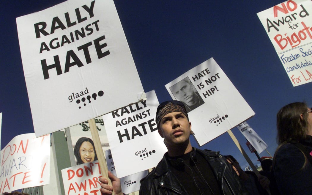 Activists protest controversial rapper Eminem at a 21 February 2001 rally in front of the Staples Center prior to the start of the 43rd Grammy Awards broadcast in LA.
