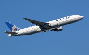 A United Airlines Boeing takes off from Frankfurt airport, Germany.