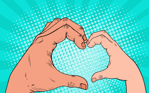 Pop Art Health Care, Charity, Children Donation Concept. Adult and Child Hands make Heart Shape. Vector illustration