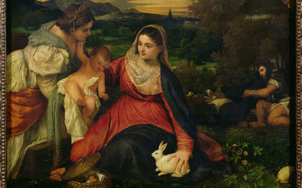 The Madonna of the Rabbit, a painting from 1530, depicting the Virgin Mary with a hare. A painting by artist Titian (1490-1576), Louvre Museum, Paris.