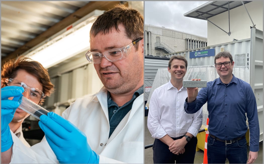 Zincovery co-founders Jonathan Ring and Aaron Marshall in the lab (left) and with the finished product.