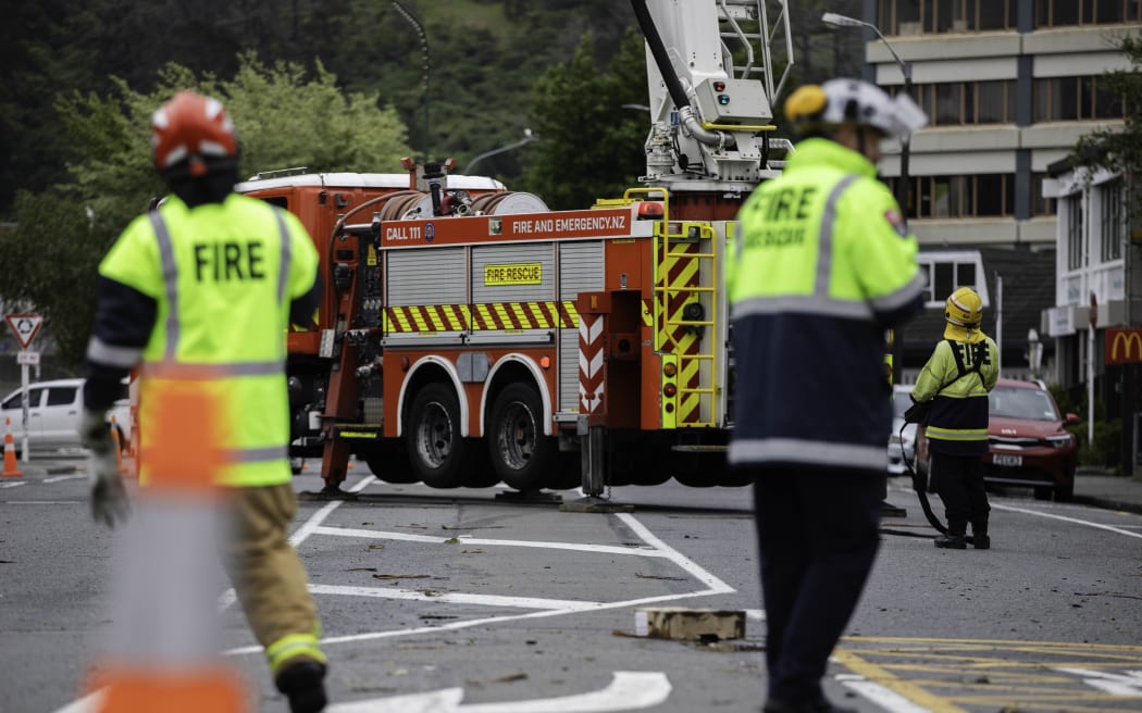 Fire and Emergency crews tend to callouts in the Lower Hutt area after a severe thunderstorm downed trees and damaged properties on 12 December, 2023.
