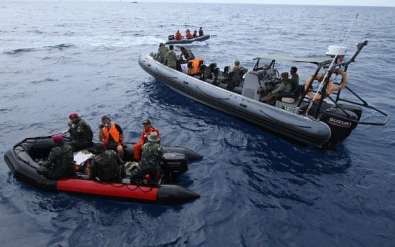 Teams search in the area where the Lion Air JT 610 aircraft crashed into the Karawang sea, in West Java, Indonesia.