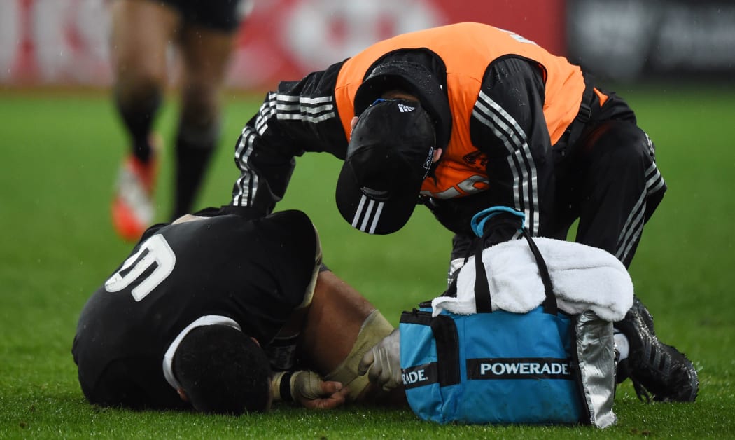 An injured Jerome Kaino in the 2014 Bledisloe Cup clash in Sydney.