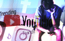 Composite of social media apps and teenager with phone