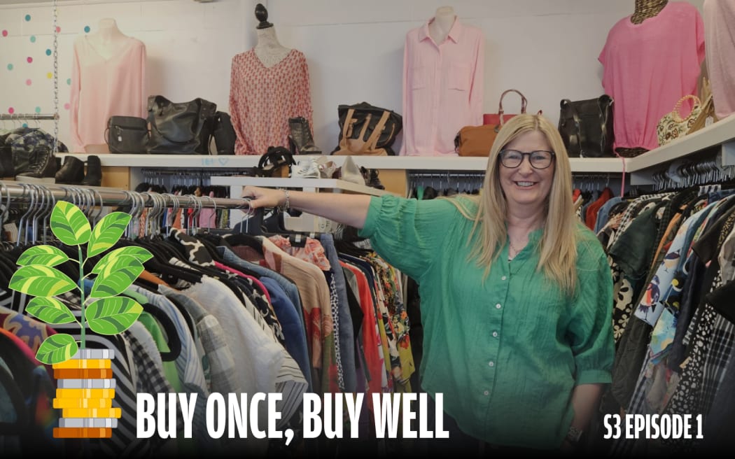 A smiling woman in a green shirt stands in a thrift store, resting her arm on a rack of colorful clothes. Behind her are shelves with handbags, shoes, and mannequins dressed in pink tops. In the lower left corner, there is a graphic of a green plant growing from a stack of coins, next to the text 'BUY ONCE, BUY WELL.' 'S3 EPISODE 1' is displayed in the bottom right corner.