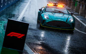 FIA Safety Car during a rain stoppage at the 2024 Sao Paulo Formula One Grand Prix in Brazil.