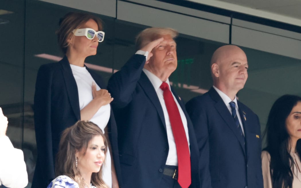 Donald Trump President of the United States with Melania Trump First Lady of the United States and Gianni Infantino President of Fédération Internationale de Football Association, FIFA Club World Cup Final, New Jersey, 2025.