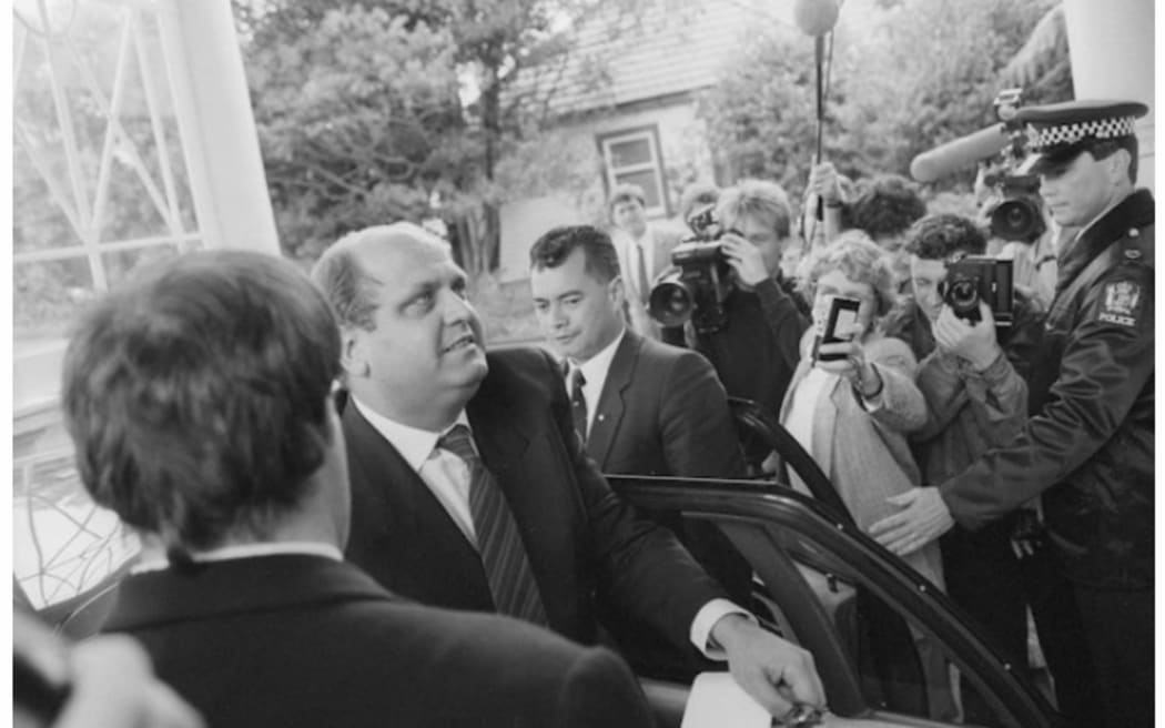 Mike Moore leaving Government House after being sworn in as Prime Minister