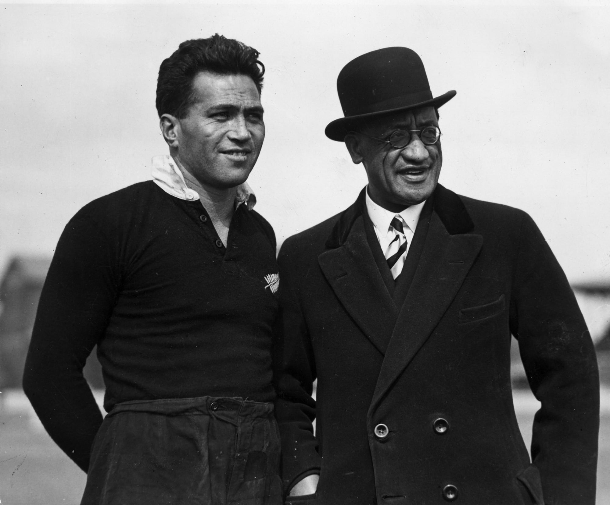 George Nepia had a career in both rugby and league. He captained the New Zealand Maori team that toured Australia in 1935. Here he is photographed with team manager Kingi Tahiwi, probably at the Sydney Cricket Ground shortly before the game against New South Wales.