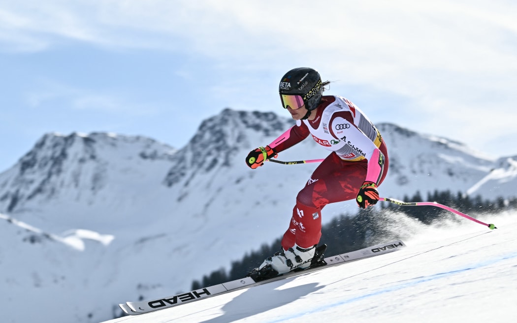 Austria's Stephanie Venier competes during the Women's Super-G event of the Saalbach 2025 FIS Alpine World Ski Championships.