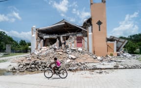 The Church St Anne is seen completely destroyed by the earthquake in Chardonnieres, Haiti on August 18, 2021.