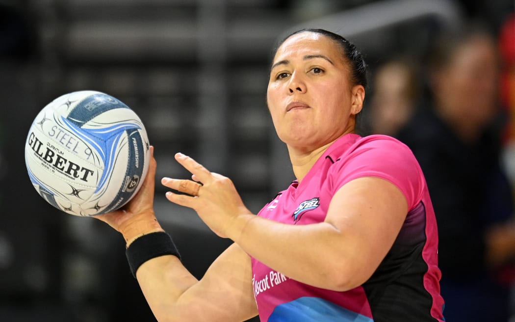 Liana Leota of the Steel warms up during the ANZ Premiership Netball match, Tactix Vs Steel, at the Wolfbrook Arena, Christchurch, New Zealand, 11th May 2025. Copyright photo: John Davidson / www.photosport.nz