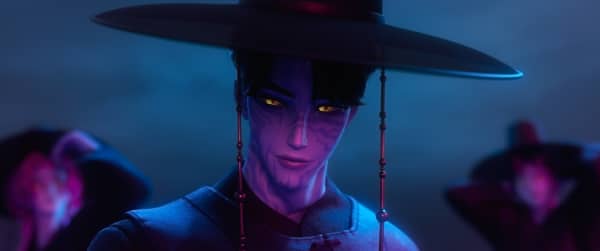 A face close-up of one of the animation characters from the Netflix movie K-Pop Demon Hunters, wearing a traditional Korean gat.