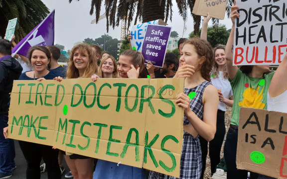 Junior doctors striking outside Wellington Hospital today.