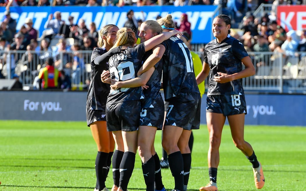 New Zealand celebrates Jacqui Hand's goal during the International Women's friendly against Thailand in Christchurch.