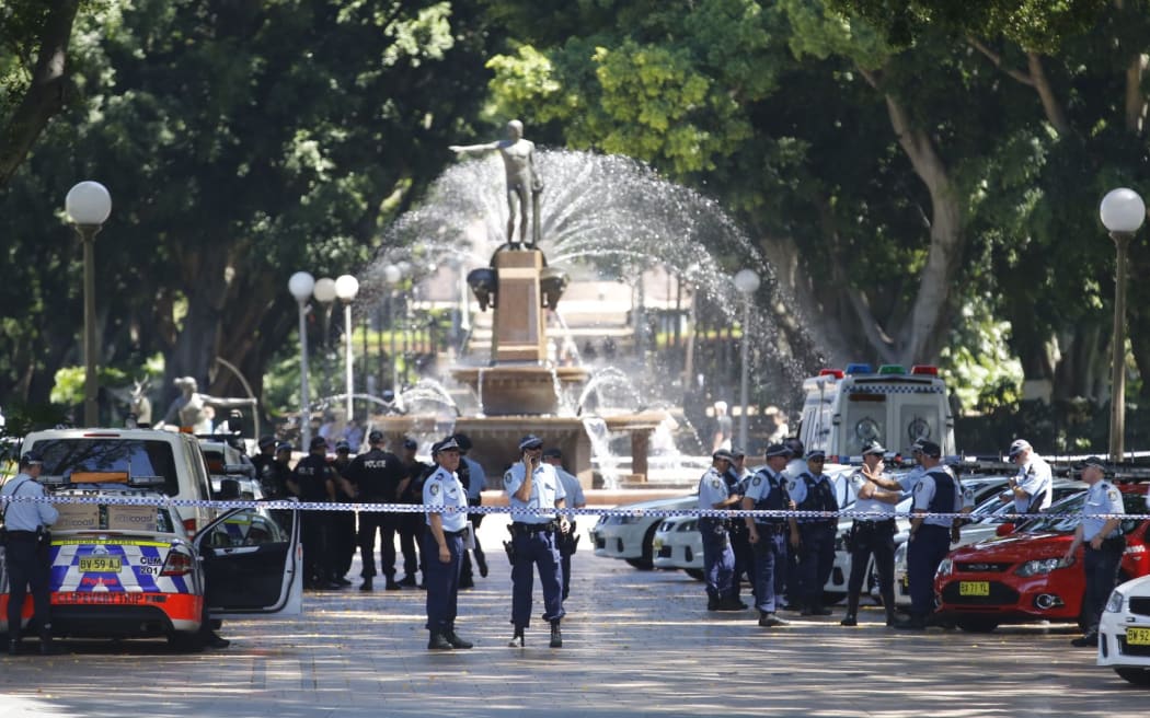 Police officers close off Hyde Park in Sydney's CBD.