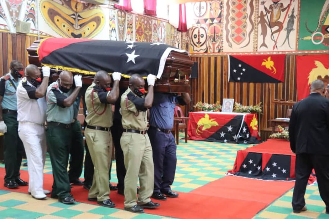 The casket of Sir Michael Somare was carried into the East Sepik Provincial Assembly on Monday, the day before his burial in Wewak.