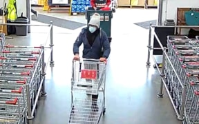 An image taken at Bunnings in Te Rapa, Hamilton, on Wednesday 2 August 2023, of the man police believe is Tom Phillips wearing a white beanie, a surgical mask and glasses.