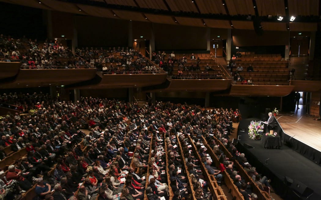 The public farewell of Helen Kelly took place at the Michael Fowler Centre in Wellington. Hundreds of people fill the venue.