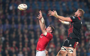 Lions flanker Peter O'Mahony and Luke Romano in action
