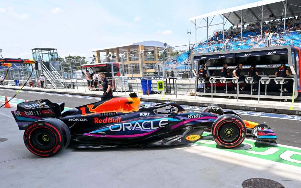 Max Verstappen driving the number 1 Oracle Red Bull Racing car pulls out of his garage during a practice session at 2023 Miami Grand Prix.
