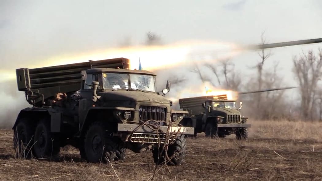 Image grab from file footage of Ukrainian army battling Russian-backed forces in Donbas (Donbass) war zone in eastern Ukraine. Russia launches military operation in Donbass region and invades multiple Ukrainian cities on Thursday Feb 24, 2022.