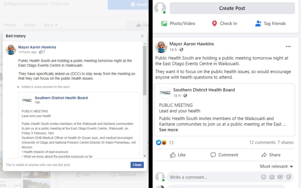Dunedin Mayor Aaron Hawkins' Facebook messages about a public meeting were edited to say the council would be present.