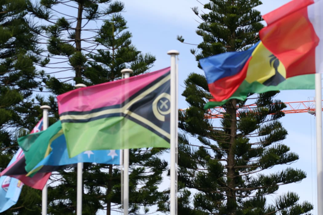 Melanesian Spearhead Group flags flown in Noumea.