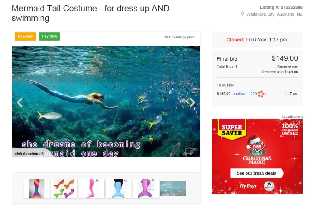 A mermaid fin ad on Trade Me