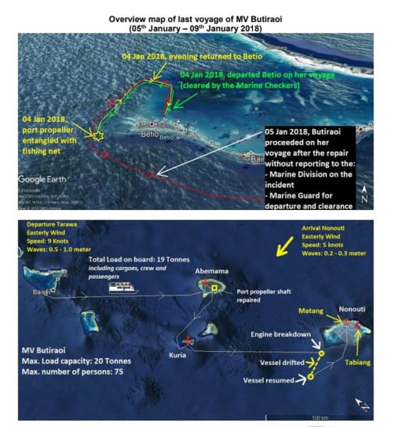 This map, prepared by the Kiribati Maritime Division, details the final journey of the MV Butiraoi.