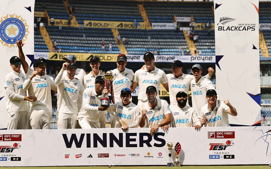New Zealand team posing in-front of Champions board during day 3 of the 3rd Test Match between India and New Zealand held at the Wankhede Stadium, Mumbai, India on the 3rd November 2024

Photo by Saikat Das / Sportzpics for BCCI
