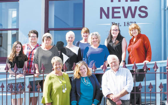 Westport News turns 150 - The Westport News team: Front from left: printer Debbie Daniels, reporter Ellen Curnow, advertising manager Ray Curnow. Back from left: reporter Raquel Joseph, typesetter Brett Evans, office administrator Joanne Lavery, co-owner/chief reporter Lee Scanlon, proof reader Robyn Callaghan, manager Vanessa Neighbours, printer/driver Sharna Johnson, typesetter Ellen Herbert. Absent: drivers Jan Berry, KerriAnne Fussell, Kevin Vuglar