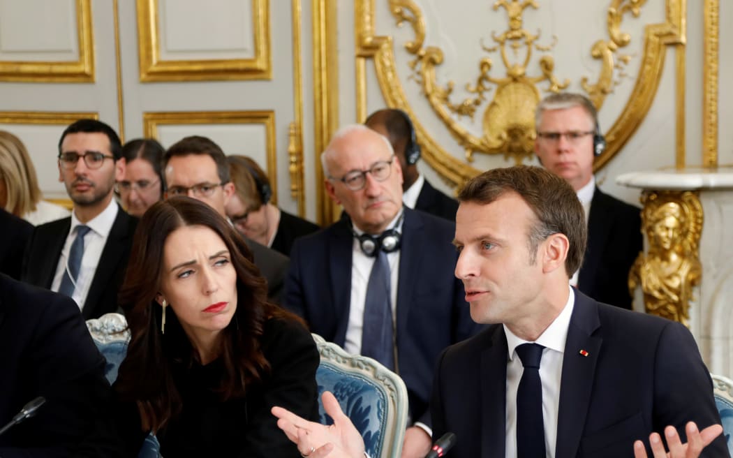 French President Emmanuel Macron and Prime Minister Jacinda Ardern attend a launching ceremony for the 'Christchurch Call' at the Elysee Palace in Paris, on May 15, 2019.