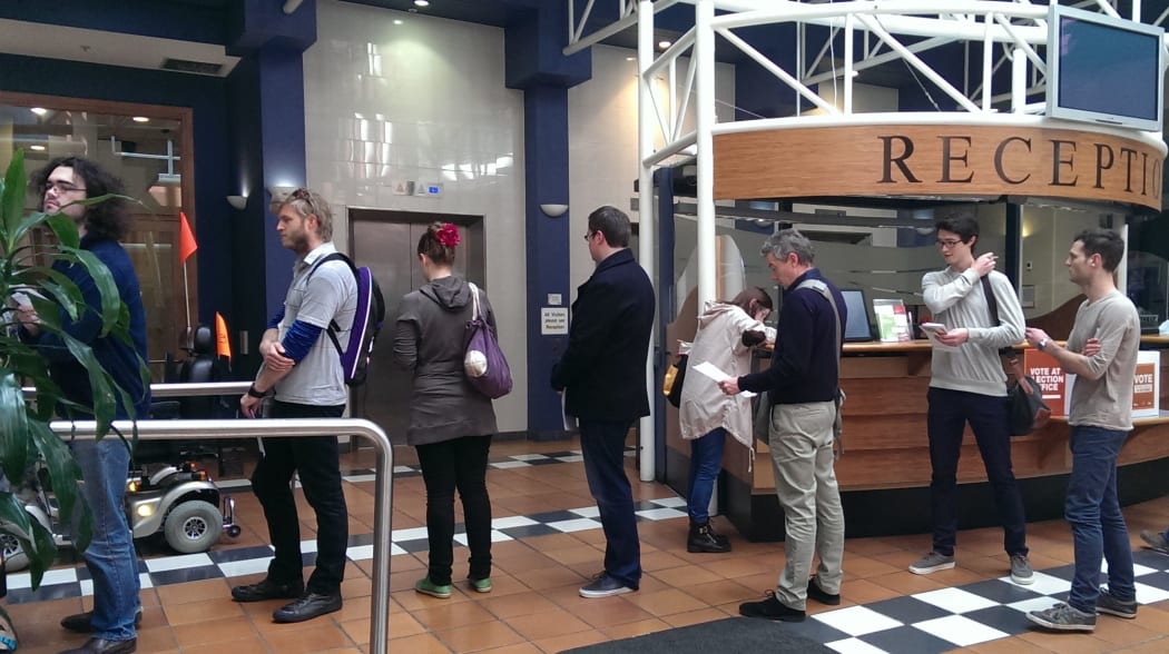 Voters wait at Wellington City Council offices on Saturday.