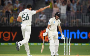 Mitchell Starc sends off Neil Wagner on Day 2 of the first day/night cricket test match.