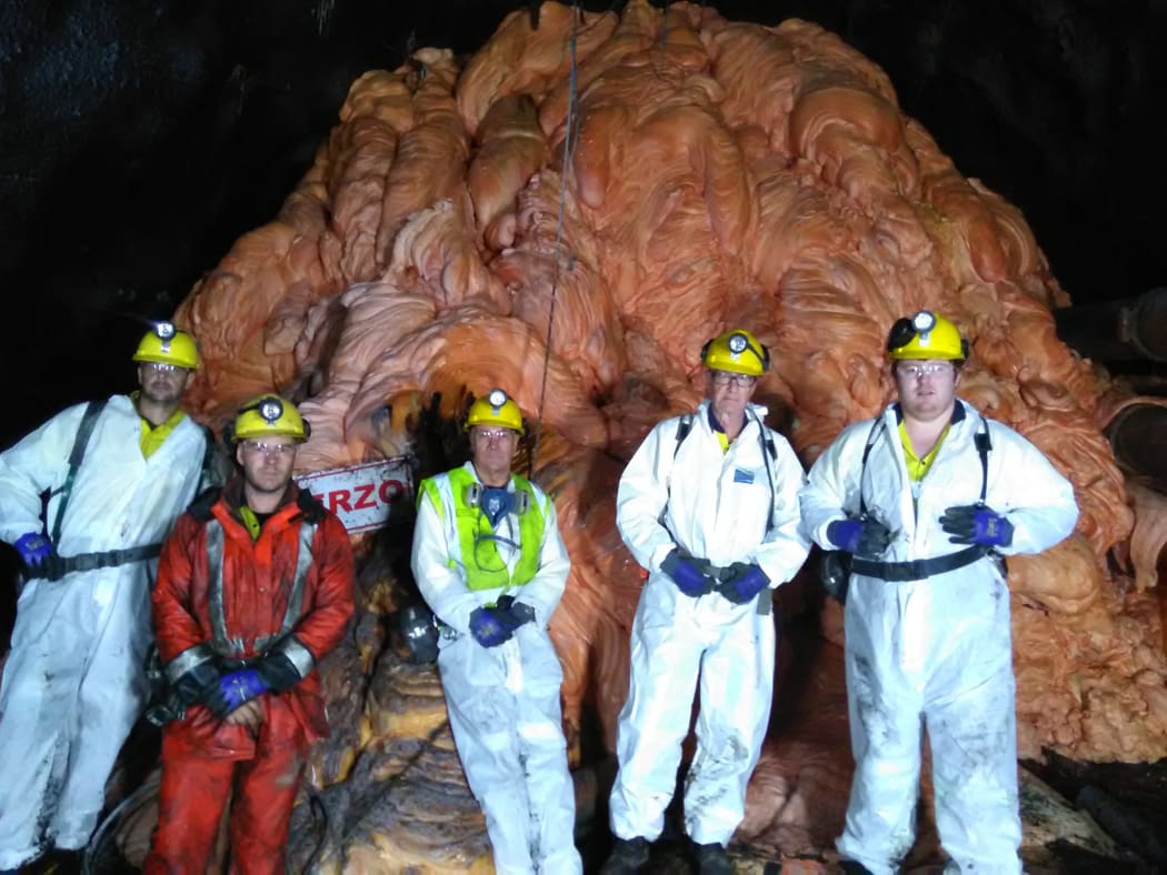 Geotechnical engineer Rick Lee, mine worker Luke Taylor, chief operating officer Dinghy Pattinson, mine manager / health and safety manager Greg Duncan, and mine maintenance planner Liam Collins at the Rocsil Plug.