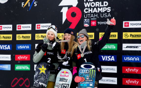 Zoi Sadowski Synnott of New Zealand wins the gold medal, Silje Norendal of Norway wins silver and Jamie Anderson of USA wins bronze at the FIS World Women's Snowboard Slopestyle 2019.