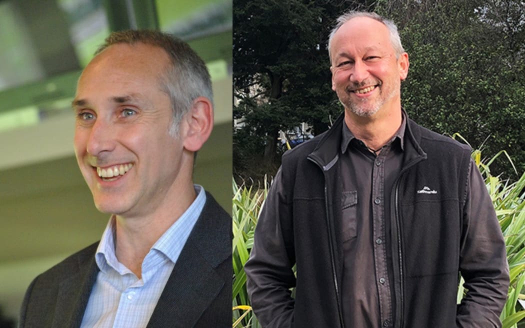 A headshot of Cris Print smiling on the left, and a midshot of Phillip Wilcox standing in front of harakeke smiling at the camera