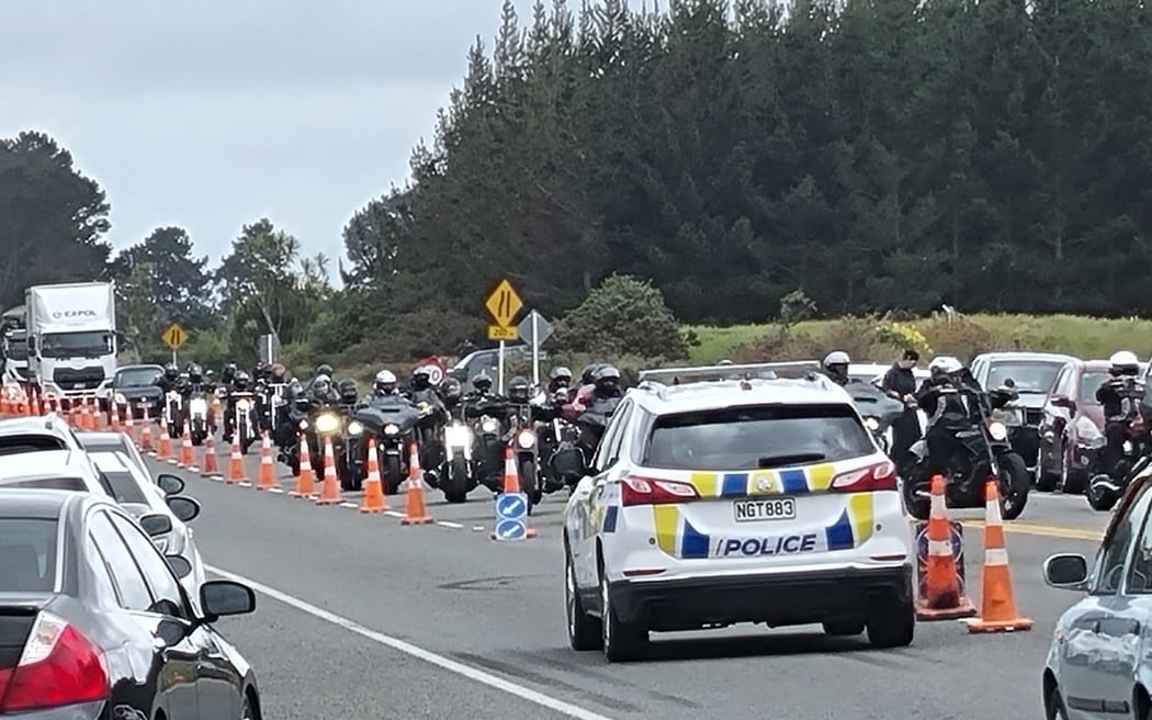 Bikers arrive for the funeral of a gang member at Foxton on 27 November 2023.