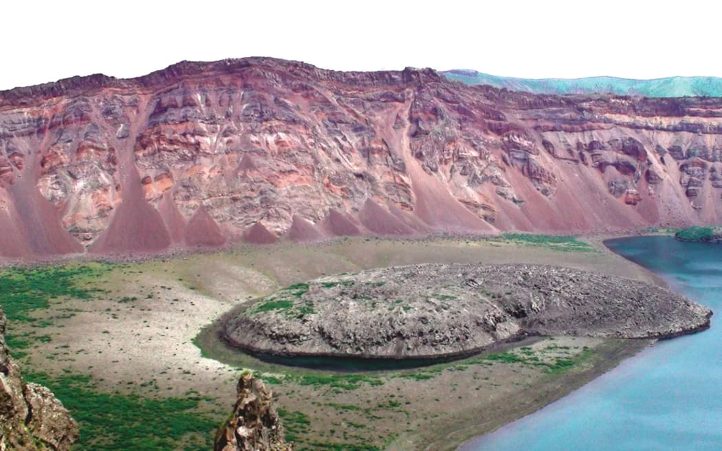 The 1831 eruption occurred at Zavaritskii volcano on Simushir Island. The explosion generated a 3km-wide caldera, revealing red, black and white layers made up of past eruptive deposits.