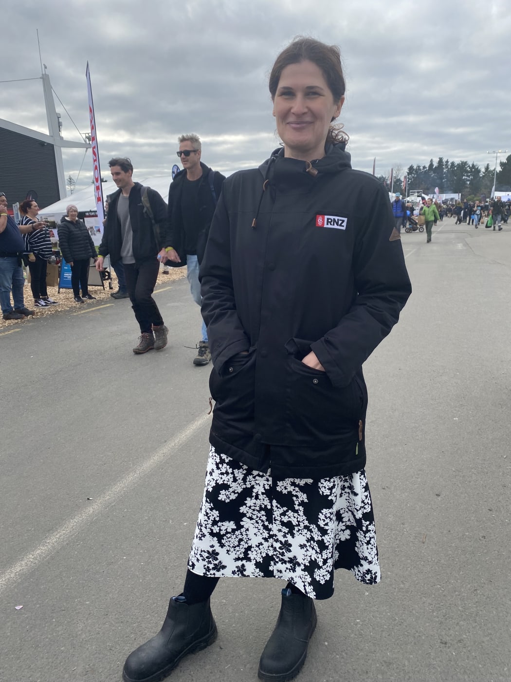 For her Fieldays debut, Marika is wearing her work Kathmandu jacket and a dress paired with oversized gum boots.