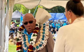 Fiji prime minister Sitiveni Rabuka greets former deputy NZ PM Carmel Sepuloni at Fiji Day celebrations in Auckland.
