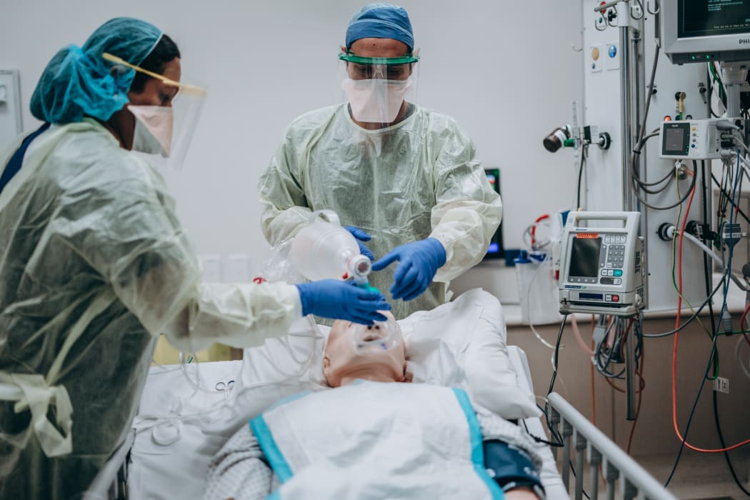 Health workers take part in ICU training for Covid-19 at Hutt Hospital.