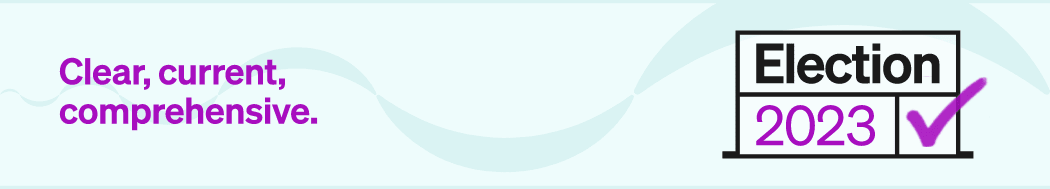 Logo for RNZ election coverage with a purple tick and ballot paper like design, text reads "Clear, current, comprehensive"