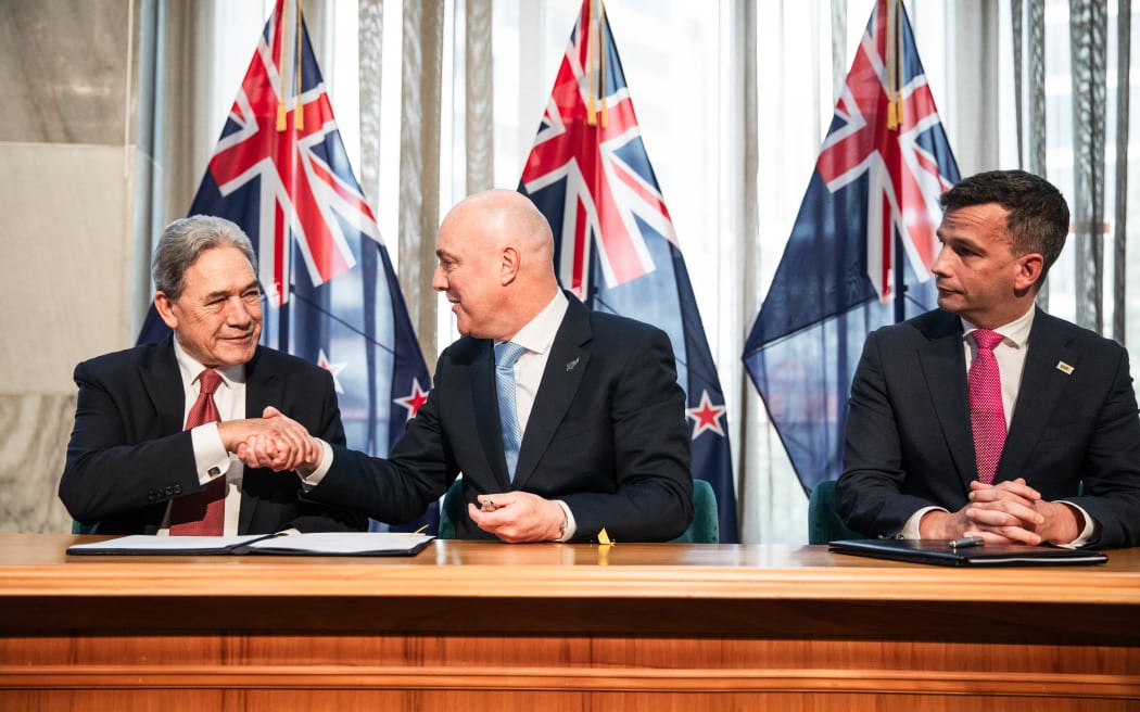NZ First leader Winston Peters, National Party leader Christopher Luxon and ACT Party leader David Seymour at the formal signing ceremony on 24 November, 2023.