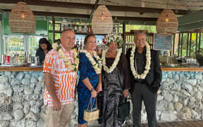 Left to right: PM Mark Brown, his wife wife Daphne, Cooks Islands MP Akaiti Puna and Forum secretary-general Henry Puna in Rarotonga. 2 November 2023.