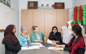 Widows of Shuhada production team. L-R: Narrator: Asha Abdi, Lead Producer: Lana Hart, Executive Producer: Nicki Reece, Production Assistant: Asma Azhar, Religious and Cultural Advisor: Jumayah Jones, Social Documentary Photographer: Janneth Gil