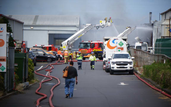 Fire trucks at the site of a blaze in Wiri that closed a main road in the Auckland suburb.