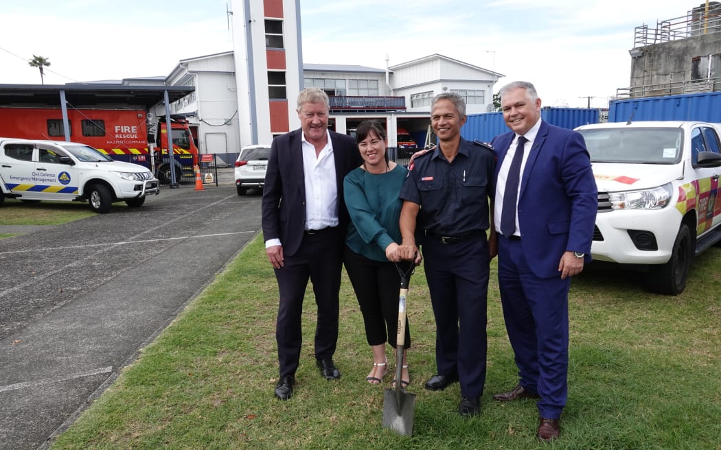 Making a symbolic start to the project are, from left, Northland MP Grant McCallum, Northland Civil Defence Emergency Management Group chair Kelly Stratford, Fire and Emergency Northland manager Wipari Henwood, and Emergency Management Minister Mark Mitchell.
